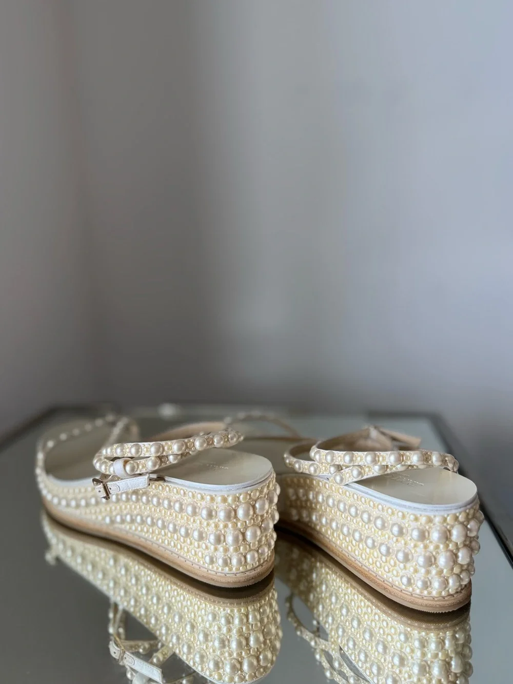 Jimmy Choo Drive Pearl-embellished Leather Espadrille Wedge Sandals  $1,525 39.5